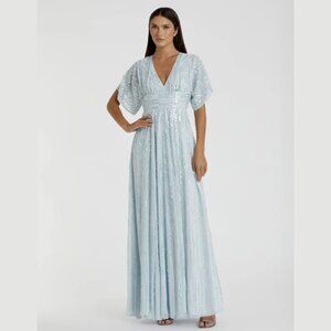 Blue Embellished V Neck Evening Gown